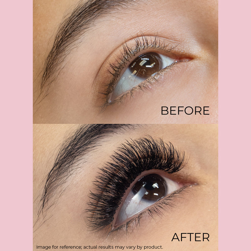 Close-up before and after image showing natural lashes transformed into bold, voluminous triple spike lash extensions.