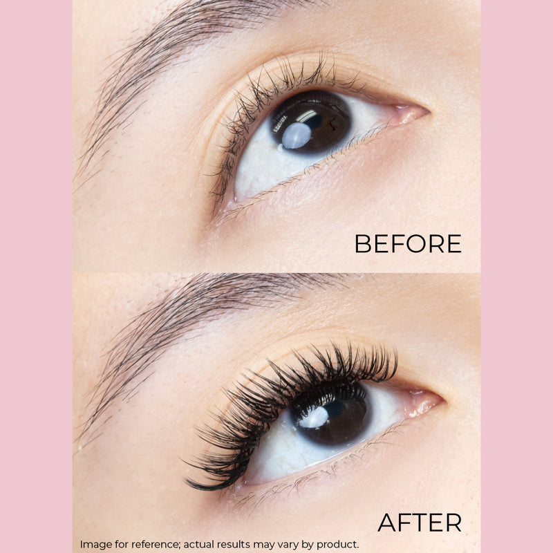 Before and after comparison of natural lashes and voluminous eyelash extensions using Curacoro Lashfolio.