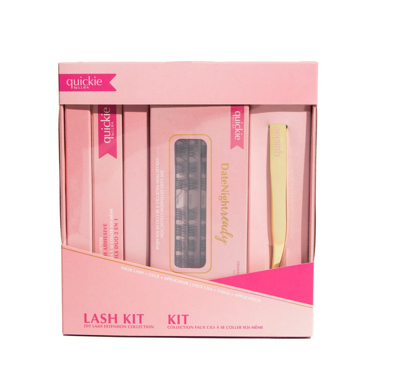 Pink lash kit packaging featuring DIY lash extensions, adhesive, and a gold applicator, branded with &