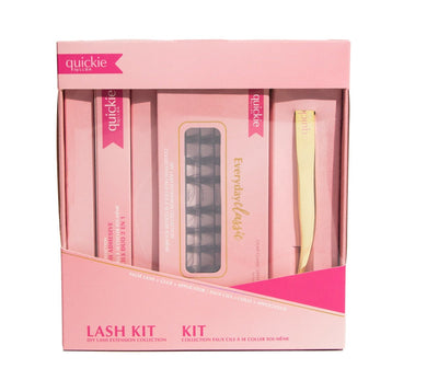 Pink lash kit packaging featuring DIY lash extensions, adhesive, and a gold applicator, branded with 'Quickie by LLBA' and labeled.