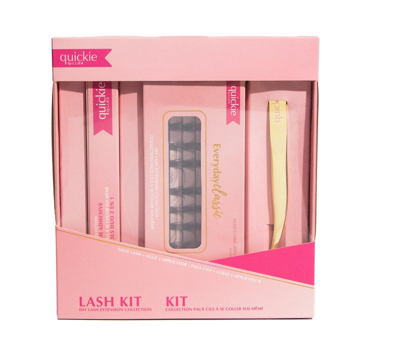 Pink lash kit packaging featuring DIY lash extensions, adhesive, and a gold applicator, branded with &