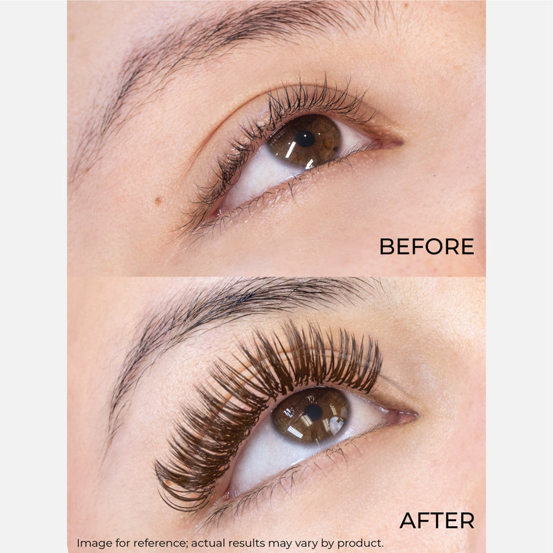 Before and after comparison of natural lashes and voluminous brown eyelash extensions using Curacoro Lashfolio.