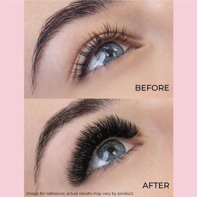 Lashfolio 18D 0.03 before and after on a model's lashes.