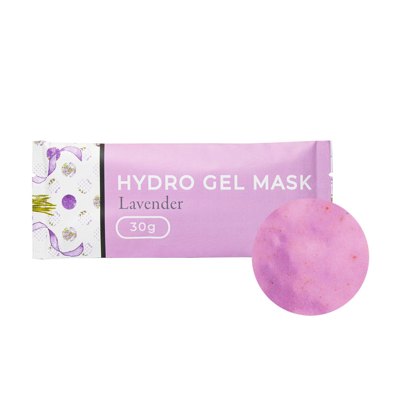 Hydro Gel Mask Lavender, 30g packaging with a round gold texture sample beside it.