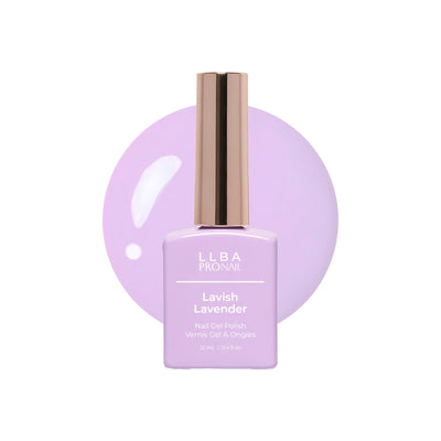 LLBA Lavish Lavender Gel Polish bottle with a white background and a glossy paint blob.