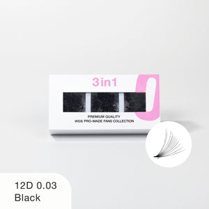 Curacoro 3-in-1 12D 0.03 Black wide pro-made fan lashes in premium packaging.