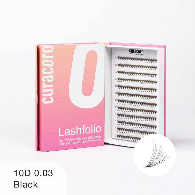 Curacoro Lashfolio 10D 0.03 Black lashes in pink gradient packaging with open tray showcasing lightweight, voluminous lash fans.