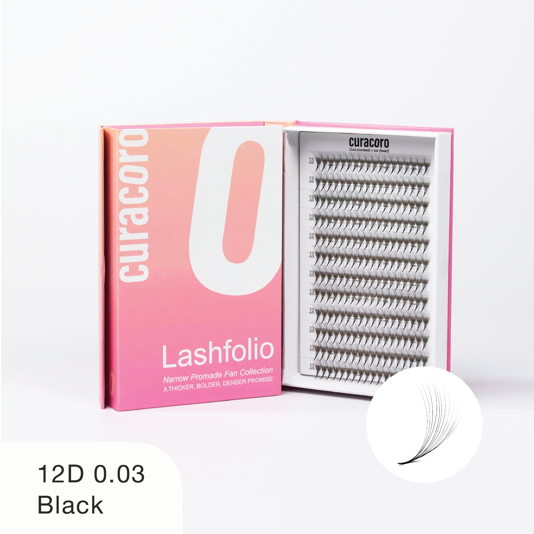 Curacoro Lashfolio 12D 0.03 Black lashes in pink gradient packaging with an open tray displaying dense lash fans.