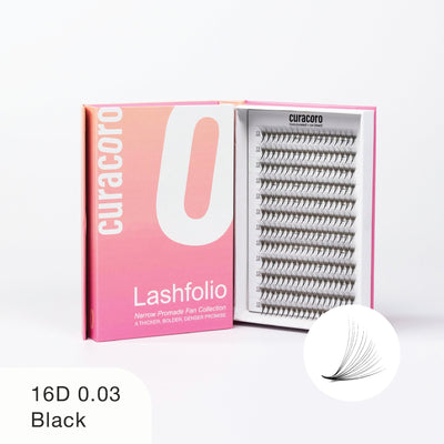 Curacoro Lashfolio 16D 0.05 Black lashes in pink gradient packaging with open tray displaying dense lash fans.