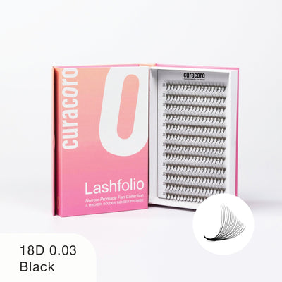 Curacoro Lashfolio 18D 0.03 Black lashes in pink gradient packaging with open tray displaying dense lash fans.