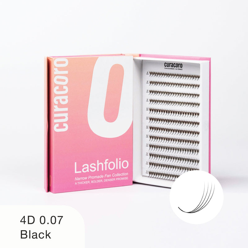 Curacoro Lashfolio 4D 0.07 Black lashes in pink gradient packaging with open tray showcasing lightweight, voluminous lash fans.