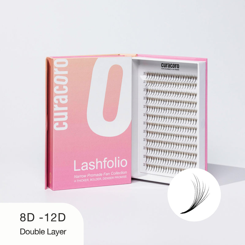 Curacoro Lashfolio 8D - 12 D Double Layers lashes in pink gradient packaging with open tray showcasing lightweight, voluminous lash fans.