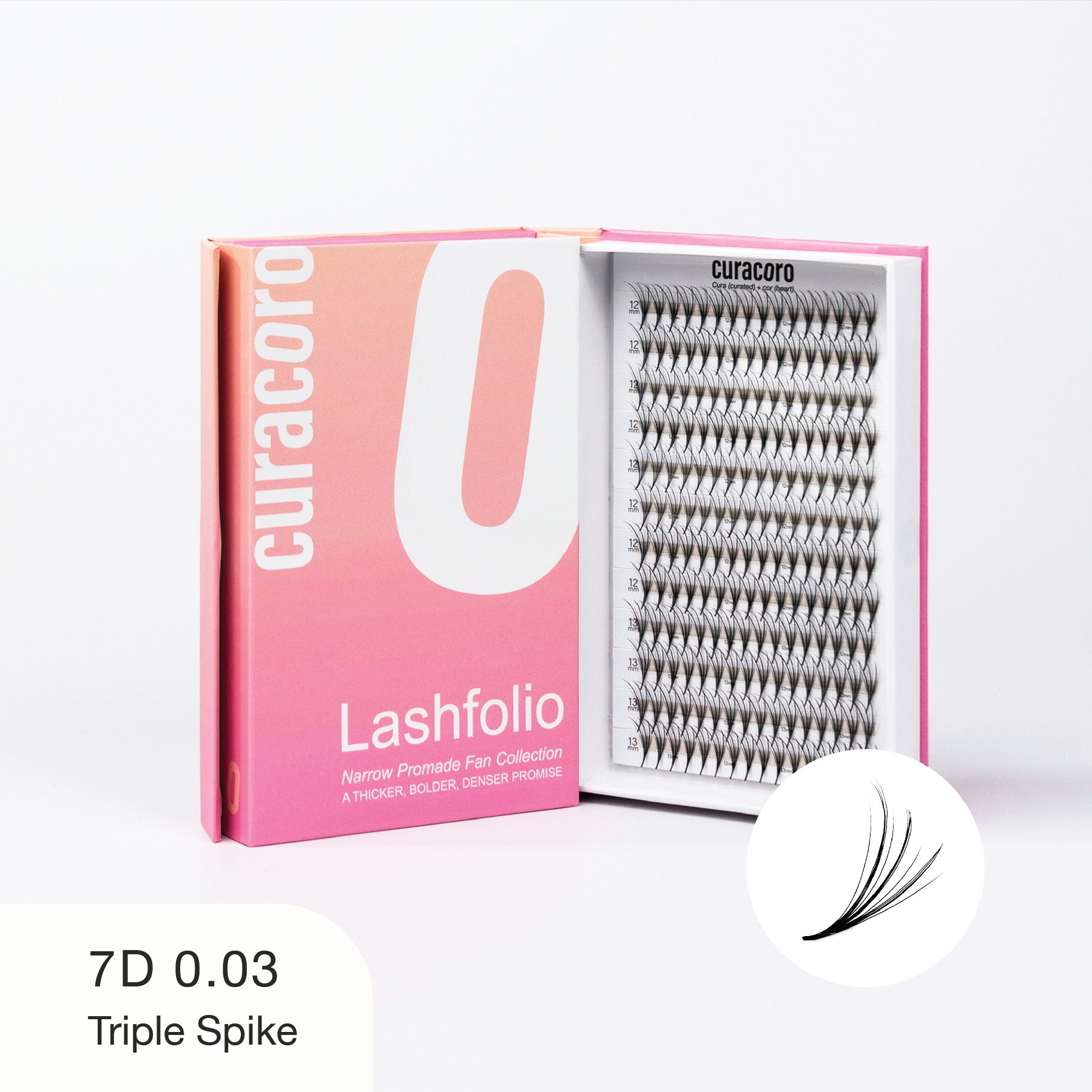 Curacoro Lashfolio box with 7D 0.03 triple spike lashes displayed, featuring dense and voluminous lash fans.
