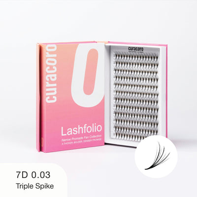 Curacoro Lashfolio box with 7D 0.03 triple spike lashes displayed, featuring dense and voluminous lash fans.