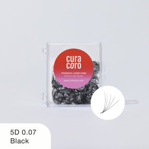 Curacoro promade loose fans 5D 0.07 black in a case on a white background.