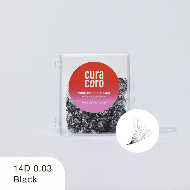 Curacoro Promade Loose Fans in Black with 14D volume and 0.03 thickness, encased in a compact clear box, perfect for creating voluminous lash extensions.