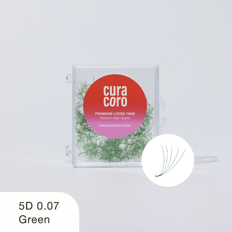 Curacoro Promade Loose Fans, 5D 0.07 Green, displayed in a transparent box with a red gradient logo on a white background.