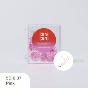 Clear container showcasing Curacoro Promade Loose Fans in vibrant pink, labeled 5D 0.07 for professional eyelash extensions.