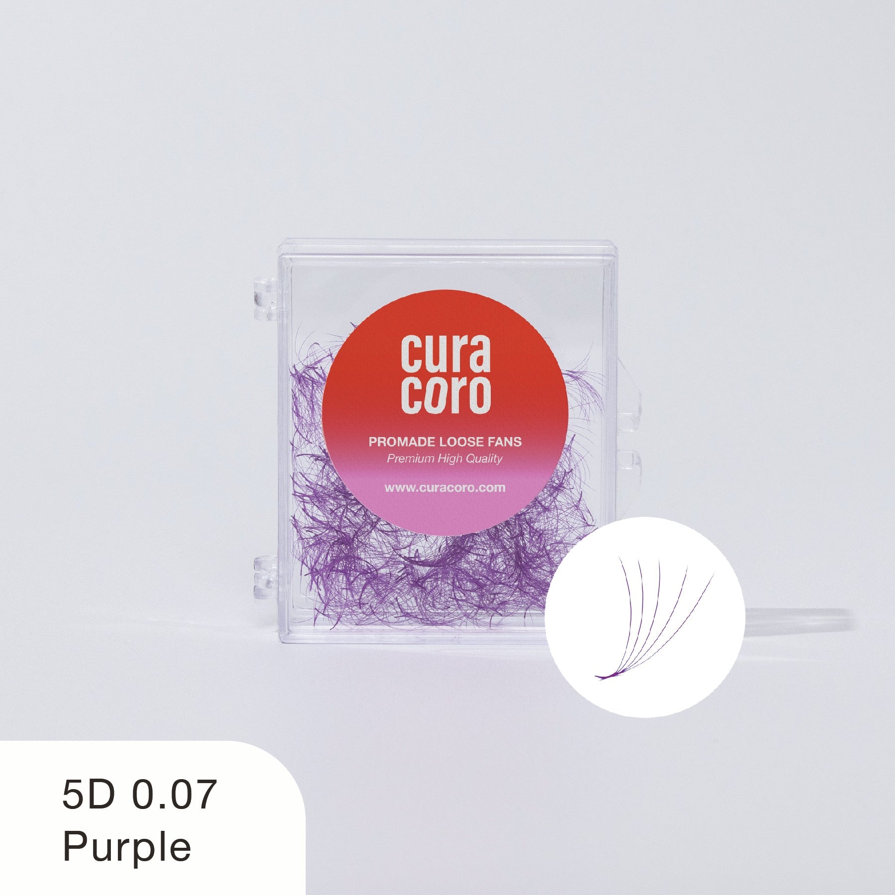 Curacoro Promade Loose Fans in purple, 5D 0.07 lashes, displayed in a clear compact case with a branded label.