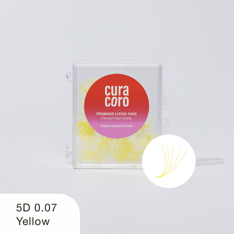 Curacoro 5D Promade Loose Fans, 0.07 thickness, yellow, in a clear box with a red label on a white background.