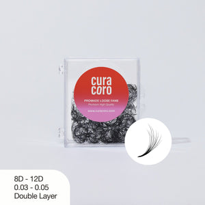 Curacoro Promade Loose Fans, 8D-12D, 0.03-0.05 Double Layer, against a white background.
