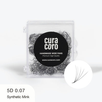 Curacoro Handmade Wide Fans 5D 0.07 synthetic mink lashes in clear case, ideal for professional use.