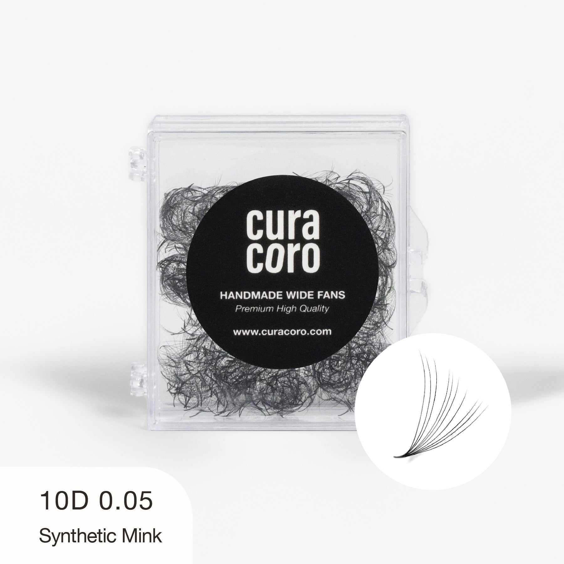 Curacoro Handmade Wide Fans 10D 0.05 synthetic mink lashes in clear case, ideal for professional use.