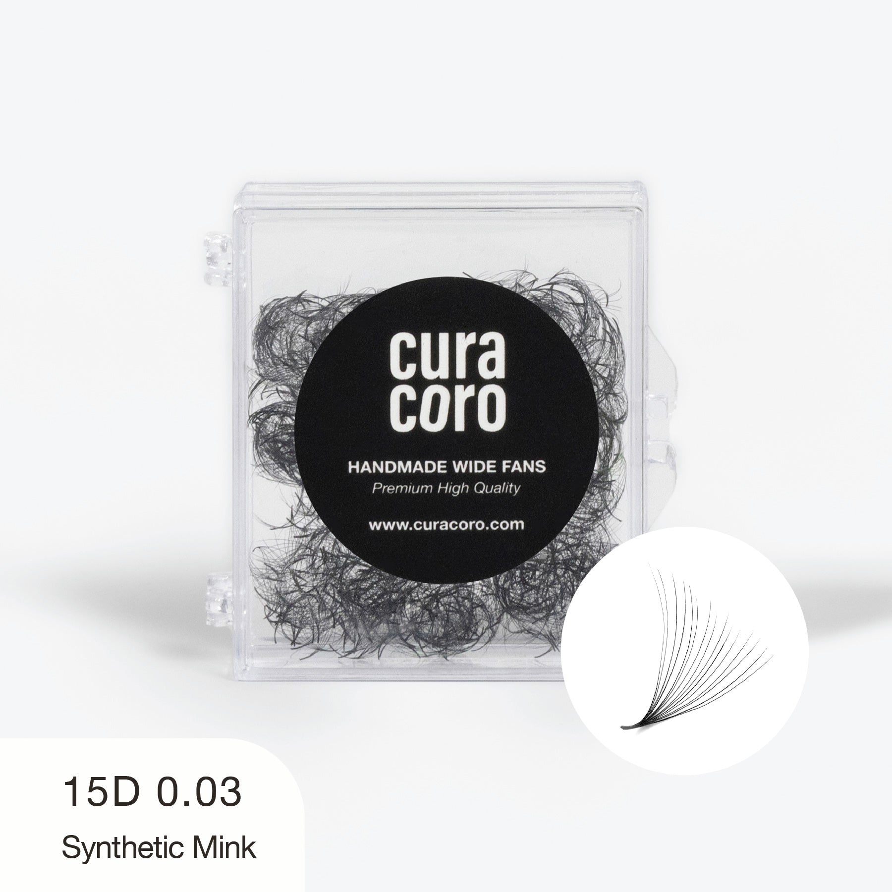 Curacoro Handmade Wide Fans 15D 0.03 synthetic mink lashes in clear case, ideal for professional use.