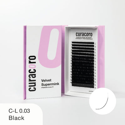 Curacoro Velvet Supermink lash tray in C-L curl, 0.03 thickness, and black color, displayed in an open pink and white box with a close-up curve icon on a white background.