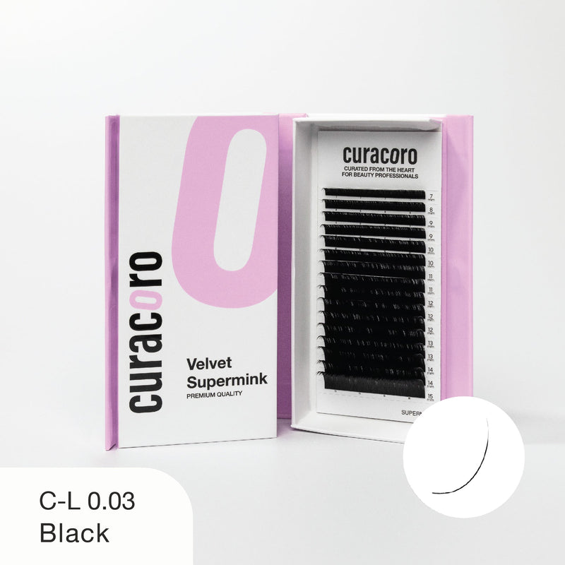 Curacoro Velvet Supermink lash tray in C-L curl, 0.03 thickness, and black color, displayed in an open pink and white box with a close-up curve icon on a white background.