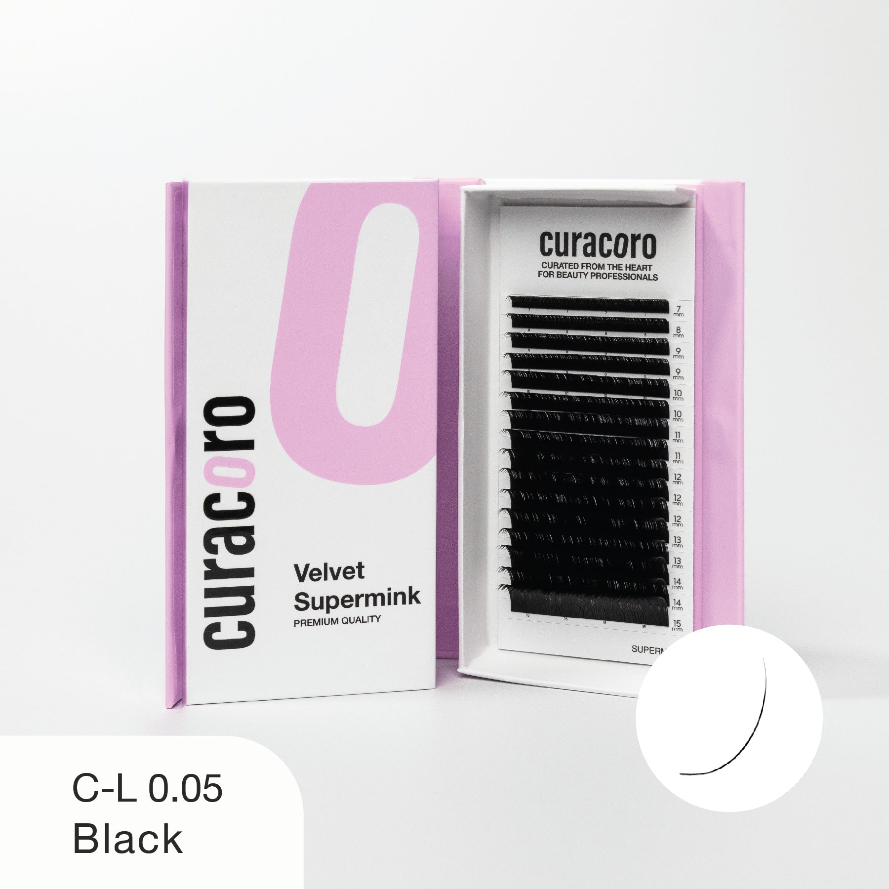 Curacoro Velvet Supermink lash tray in C-L curl, 0.05 thickness, and black color, displayed in an open pink and white box with a close-up curve icon on a white background.