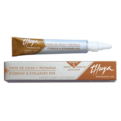 Thuya Professional Line Eyebrow & Eyelashes Dye in Light Brown, enriched with keratin and argan oil, in sleek packaging.