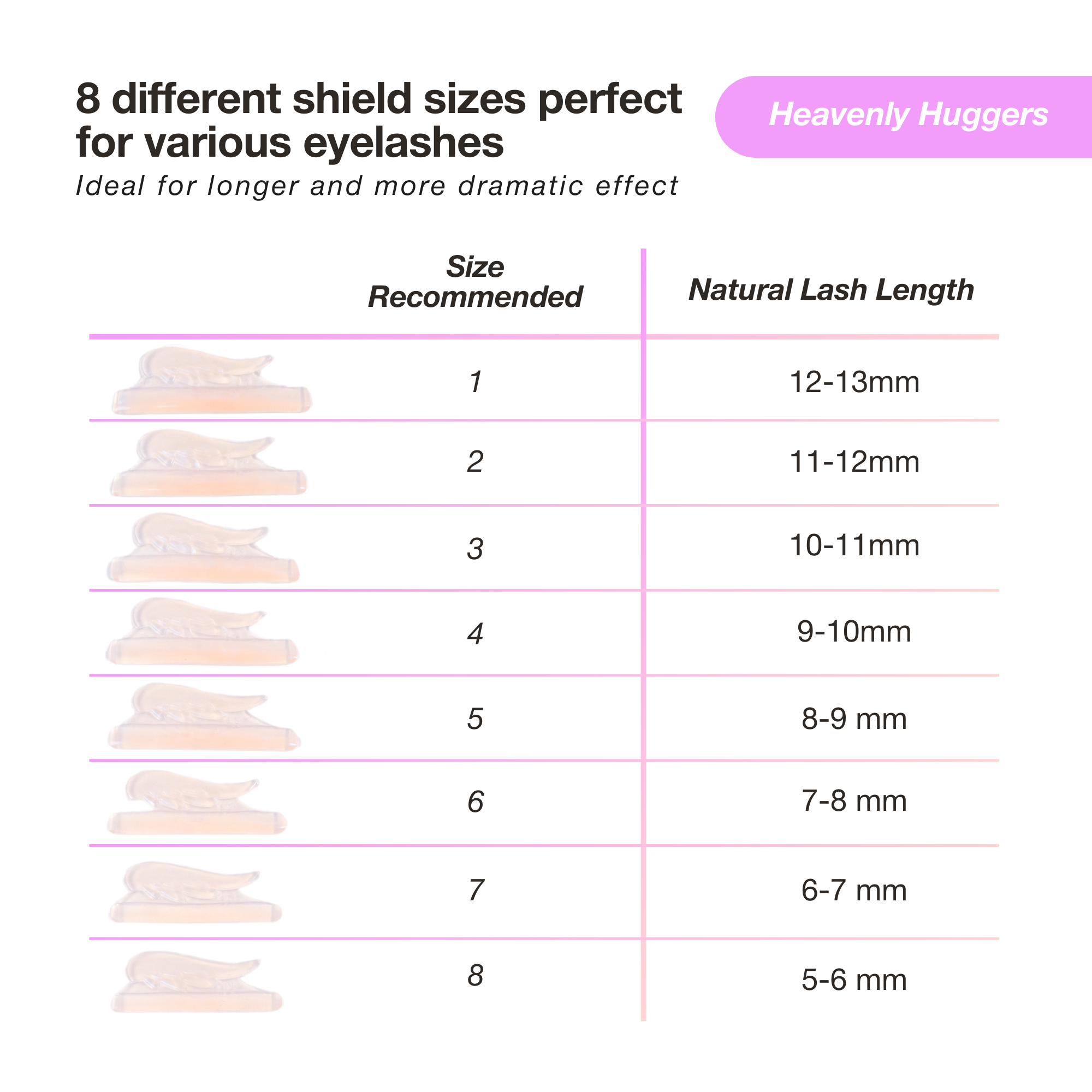 8 different shield sizes perfect for various eyelashes heavenly huggers