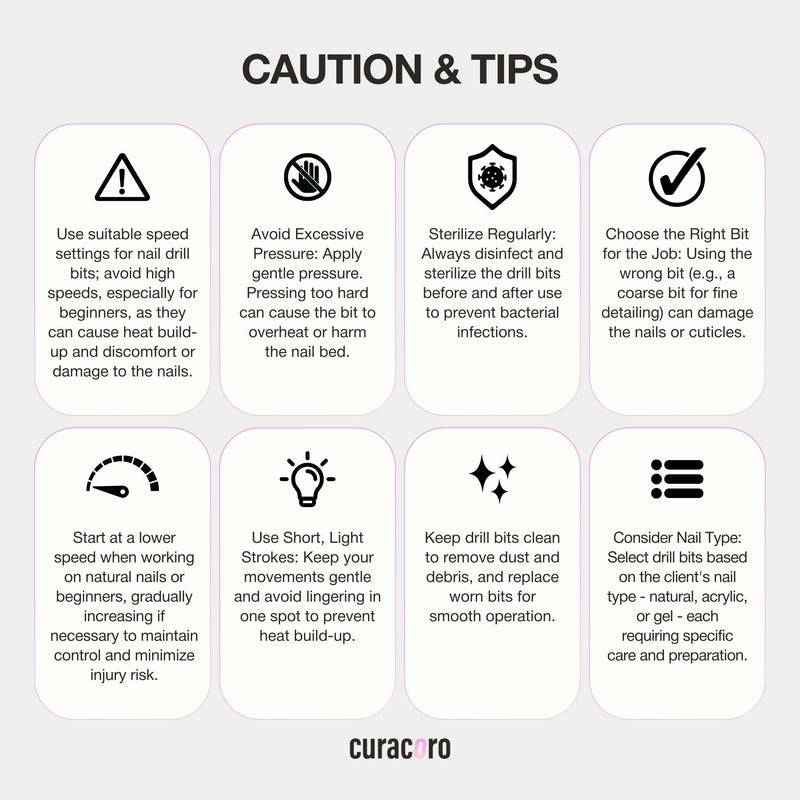 Cautions & tips for the nail drill bits infographic