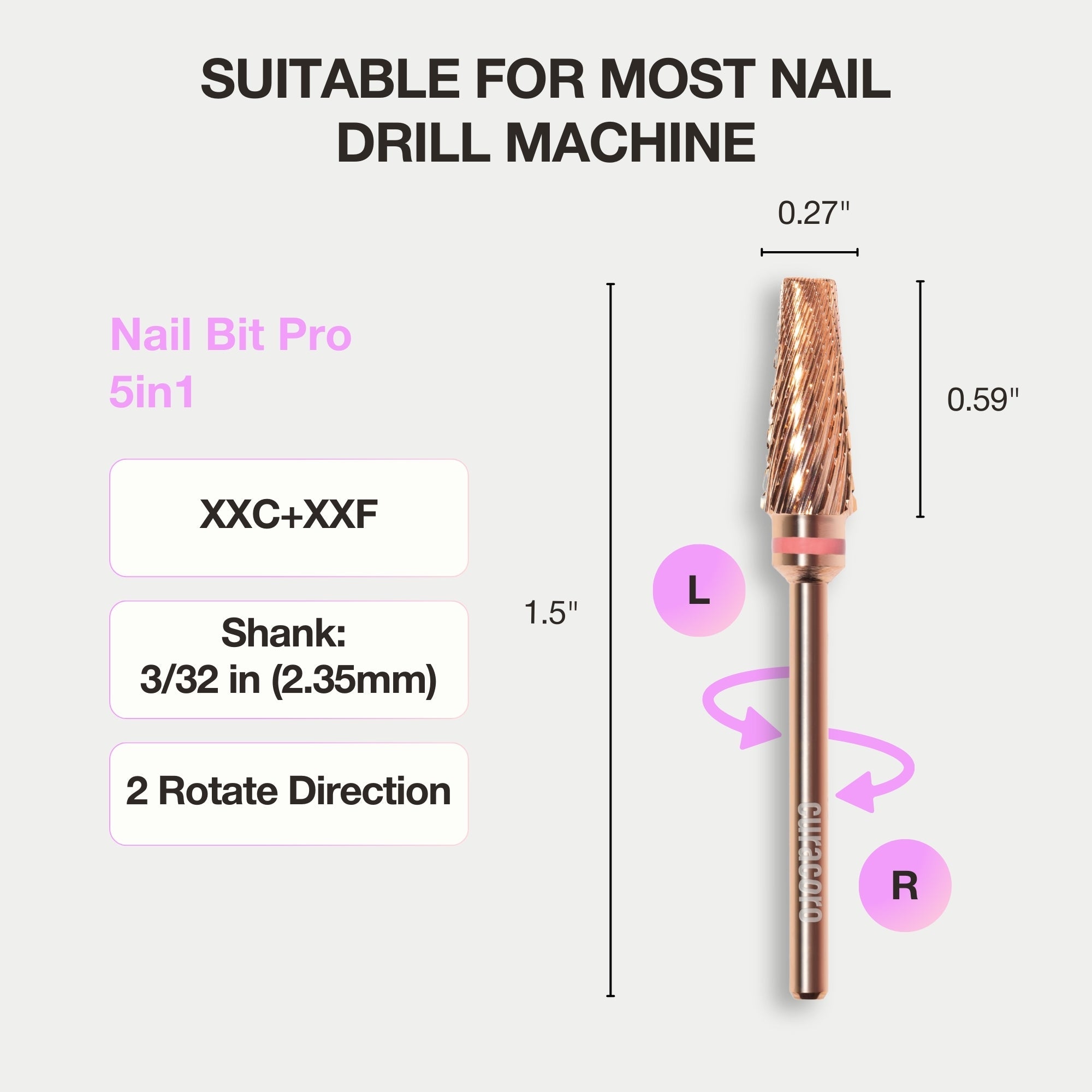 Rose gold 5-in-1 nail bit suitable for most nail drills, featuring XXC and XXF grits with a 3/32-inch shank.