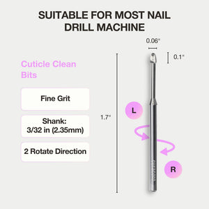 Curacoro cuticle clean bit dimensions: fine grit, 3/32" (2.35mm) shank, 1.7" length, bi-directional rotation for nail machines.