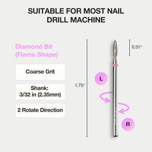 Diamond flame-shaped drill bit with coarse grit, ideal for nail detailing, featuring a 3/32-inch shank for precise control.