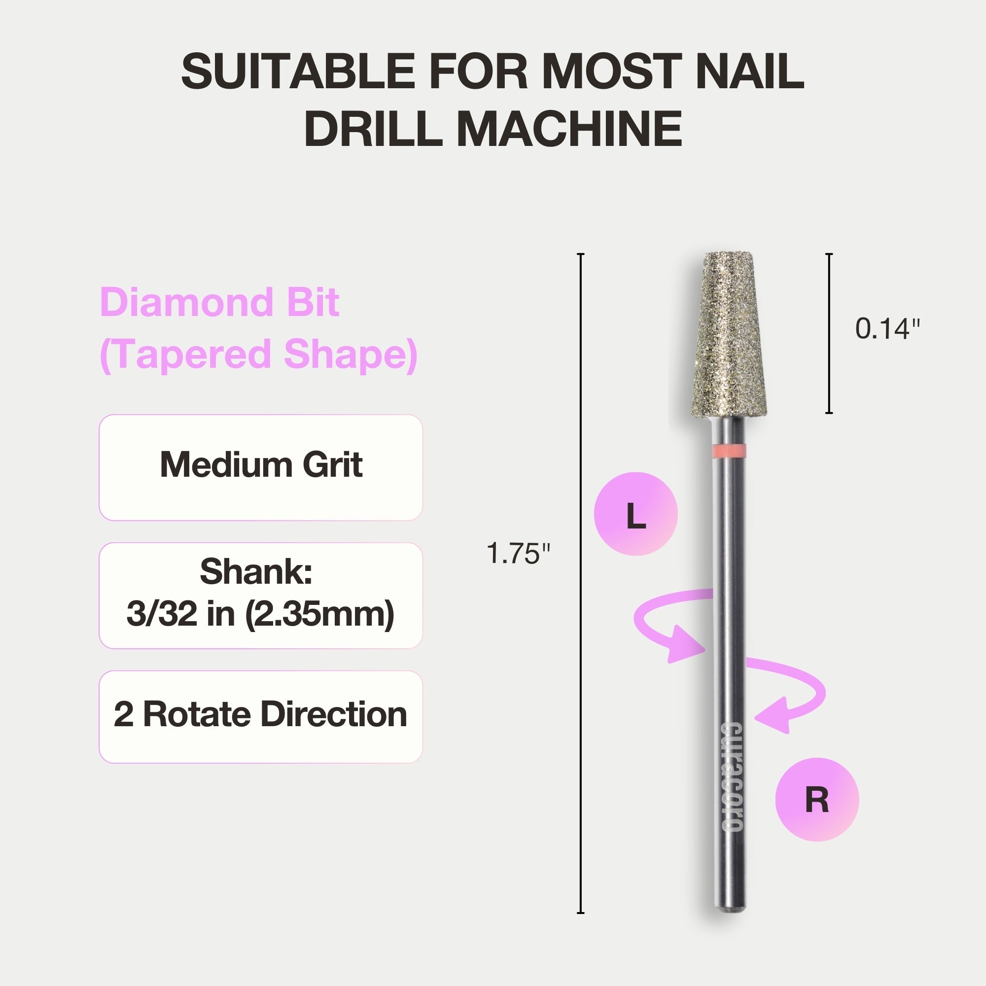 Tapered diamond drill bit, medium grit, 3/32" shank, low heat, dual rotation, ideal for shaping and refining nails.