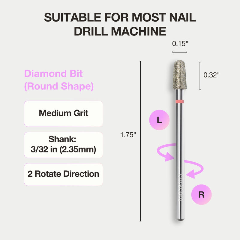 Diamond bit, round shape, medium grit, 3/32” shank, fits most nail drills, dual rotation, precise and durable.