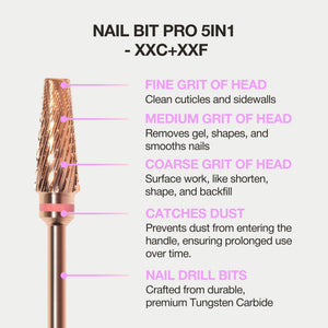 Rose gold 5-in-1 nail bit with fine, medium, and coarse grits for shaping, smoothing, and cleaning cuticles and nails.