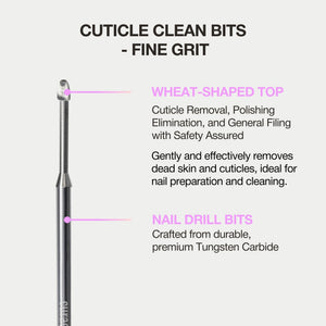 Curacoro fine-grit cuticle clean bit: wheat-shaped top, premium tungsten carbide, gentle for nail prep and dead skin removal.