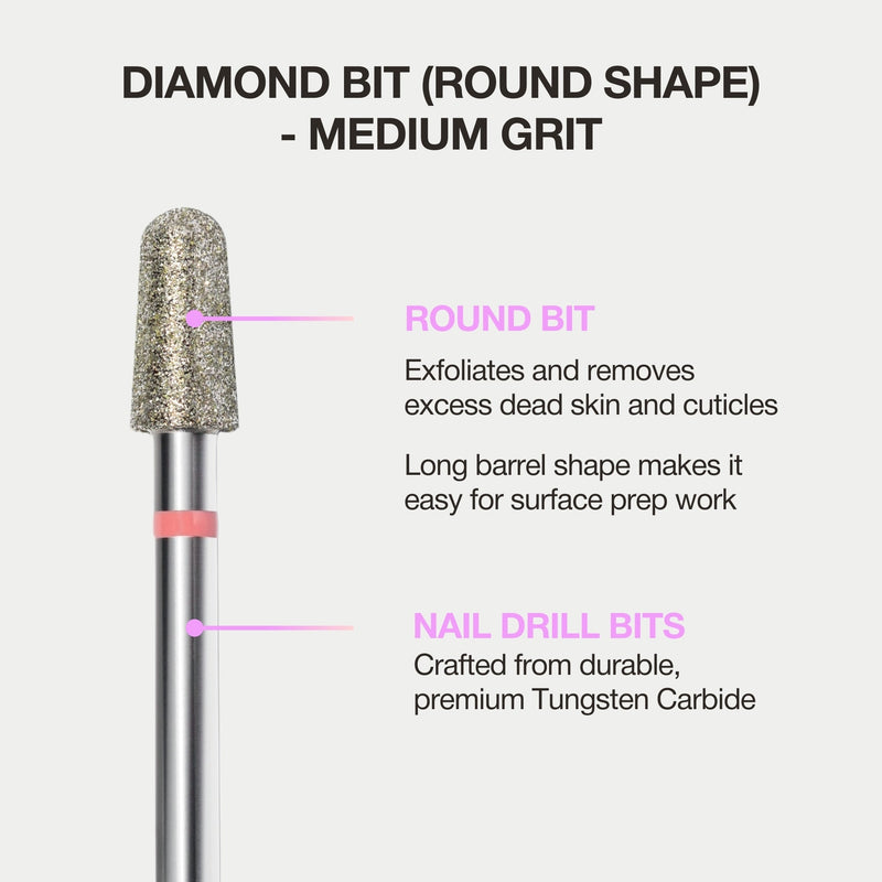 Diamond bit with round shape and medium grit for exfoliating dead skin. Crafted from premium Tungsten Carbide.