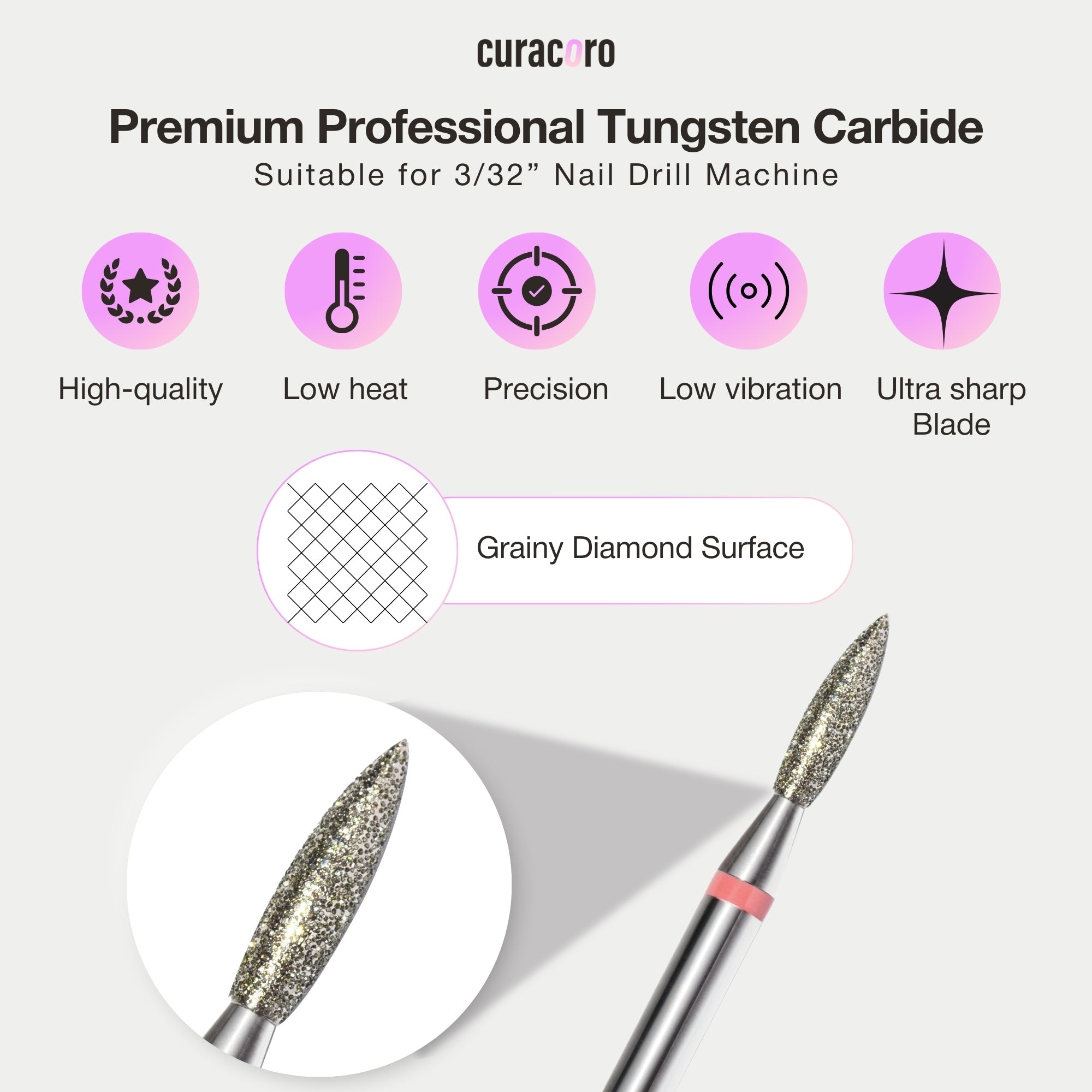 Curacoro premium coarse diamond flame-shaped bit infographic highlighting grainy diamond surface, precision, and low vibration.