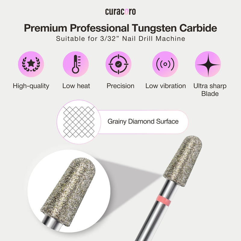 Premium tungsten carbide nail drill bit with grainy diamond surface, 3/32” size, low heat, precision, and sharp blade.