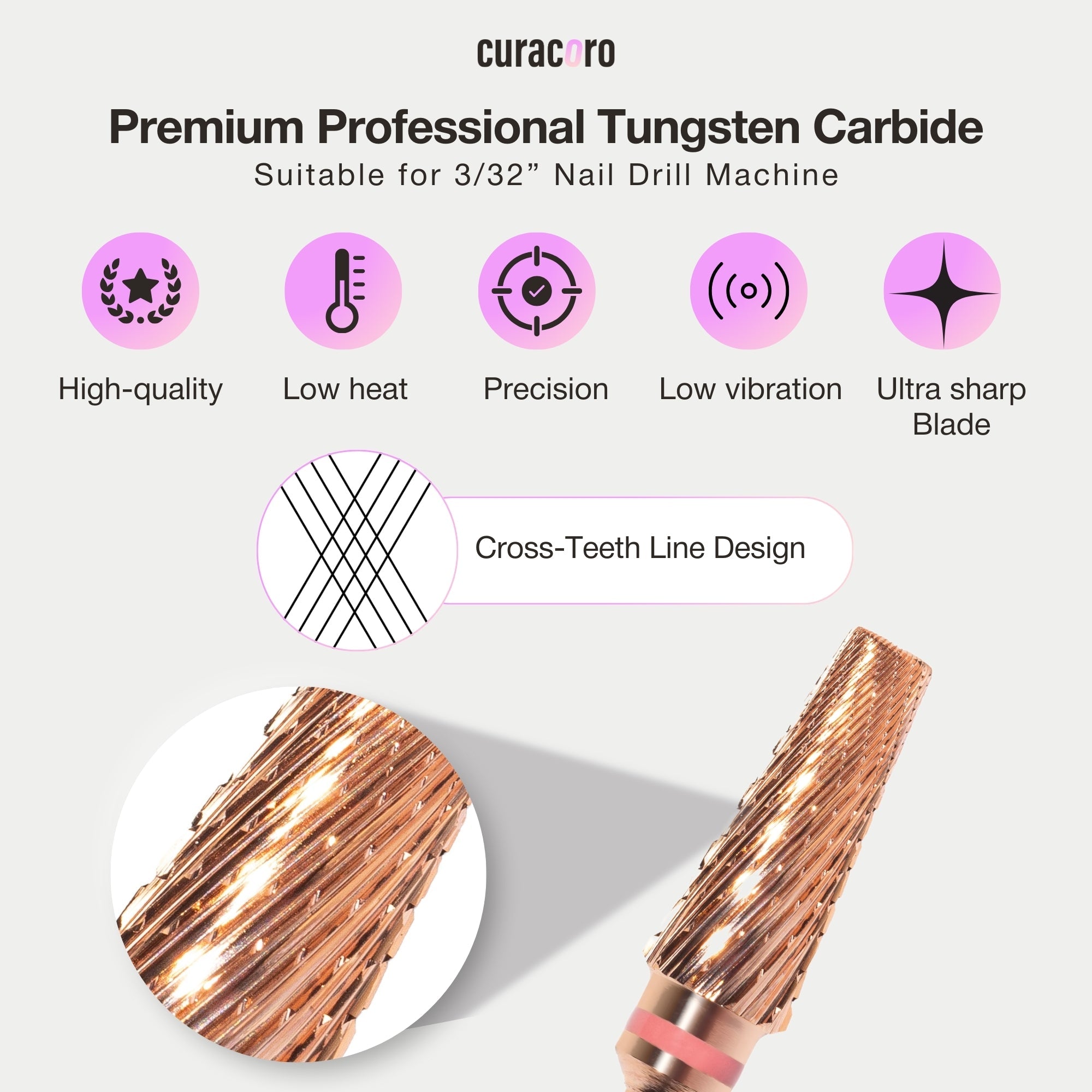 Infographic showcasing rose gold 5-in-1 nail bit with cross-teeth design, highlighting precision, low vibration, and high quality.