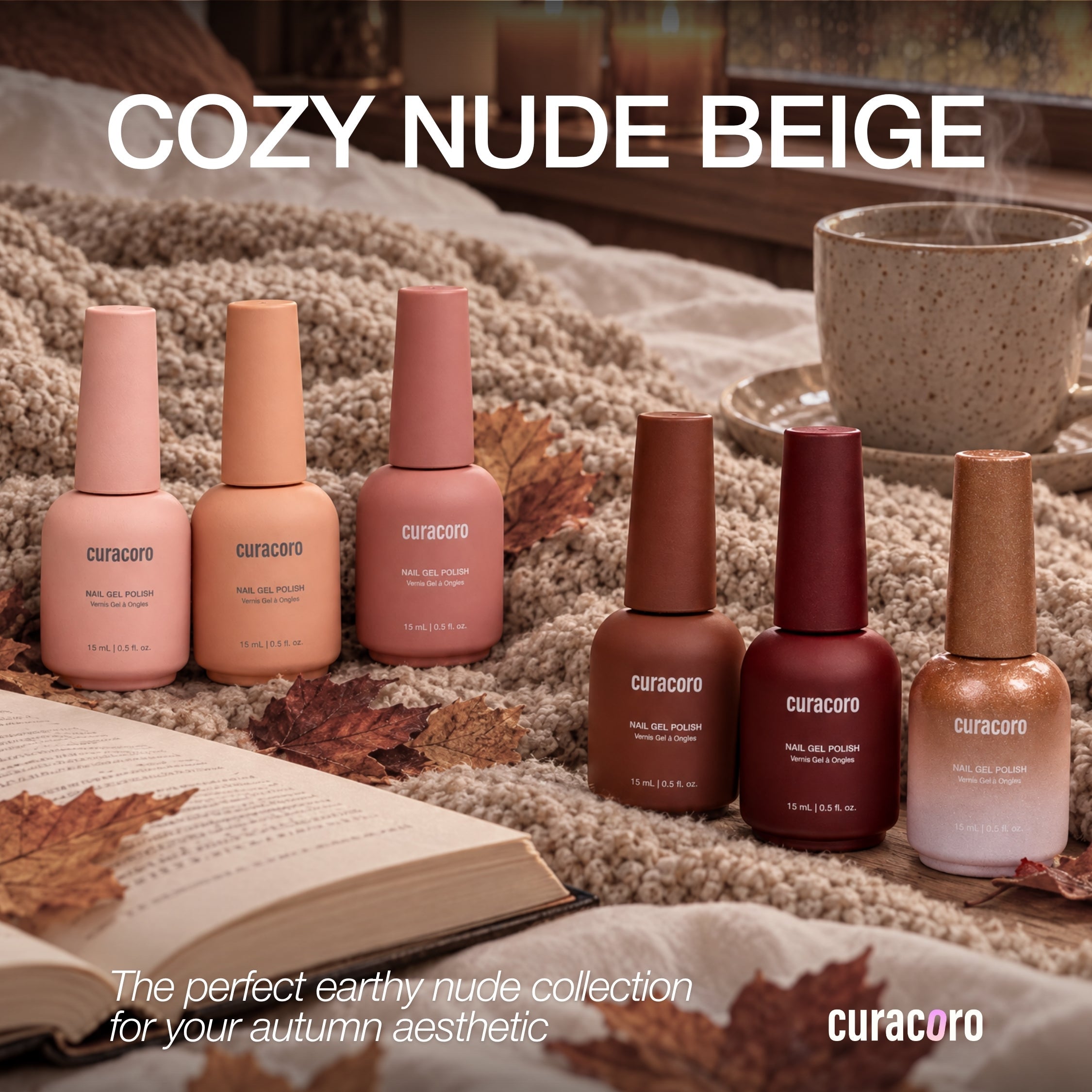 Cozy Nude Beige - Collection de vernis gel de couleur unie et Cat Eye (6 teintes / 15 ml chacune)