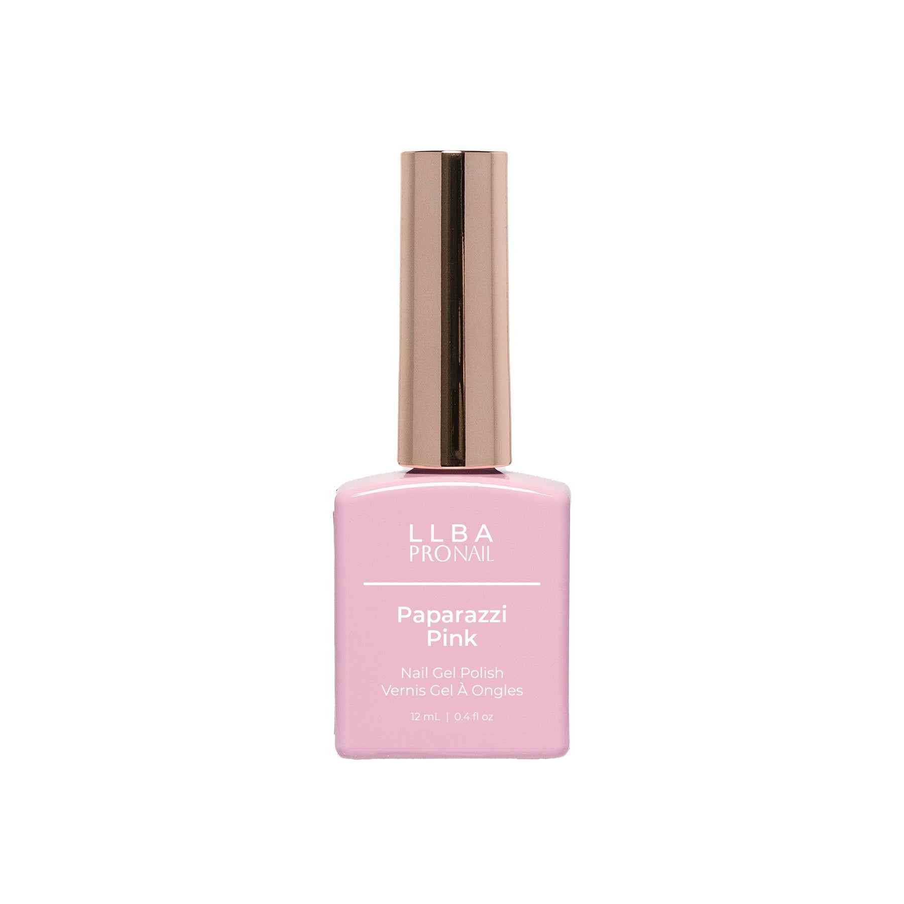 LLBA Paparazzi Pink Gel Polish bottle with a pink design and gold cap on a light background.