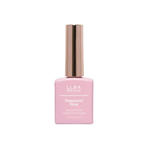 LLBA Paparazzi Pink Gel Polish bottle with a pink design and gold cap on a light background.