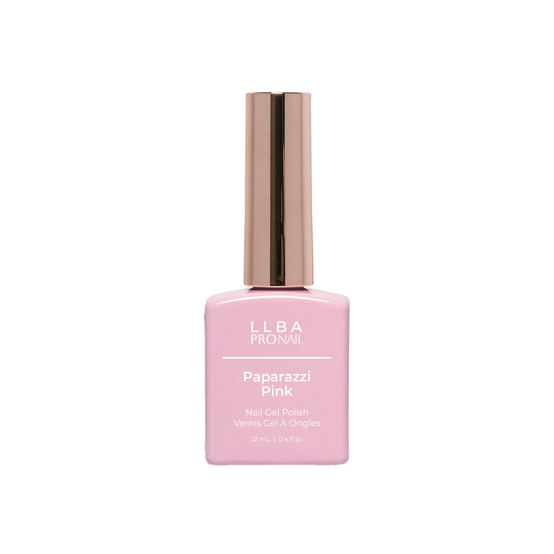 LLBA Paparazzi Pink Gel Polish bottle with a pink design and gold cap on a light background.