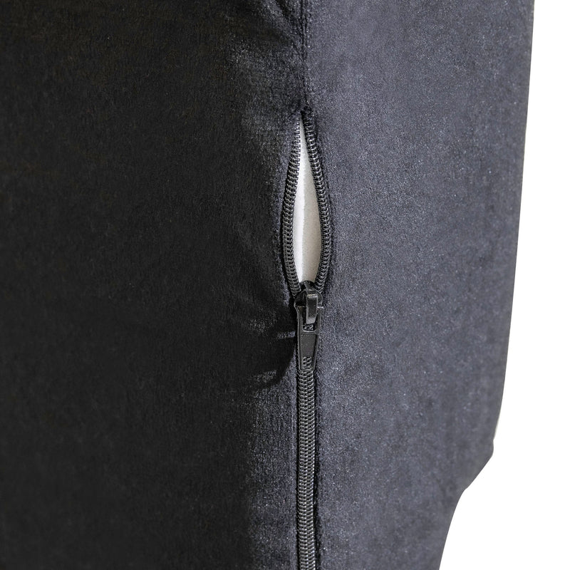 Close-up of the zipper on a black Memory Foam Pillow, showcasing the removable cover for easy cleaning.